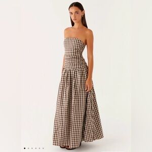 Peppermayo Brown and White Gingham Strapless Maxi Dress